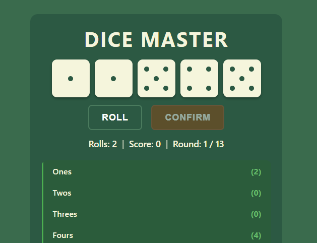 Zrzut ekranu gry Dice Master - interfejs gry w kości dla jednego gracza