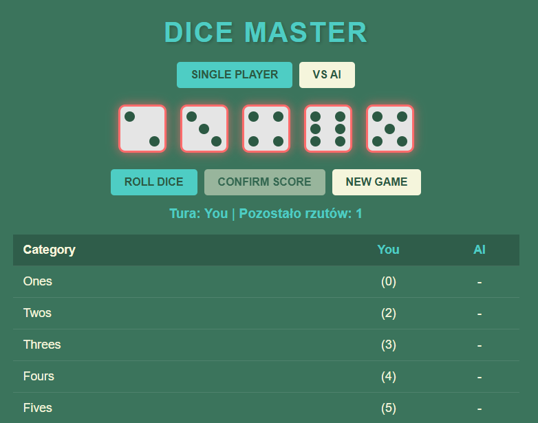 Zrzut ekranu gry Dice vs AI - interfejs gry w kości przeciwko sztucznej inteligencji