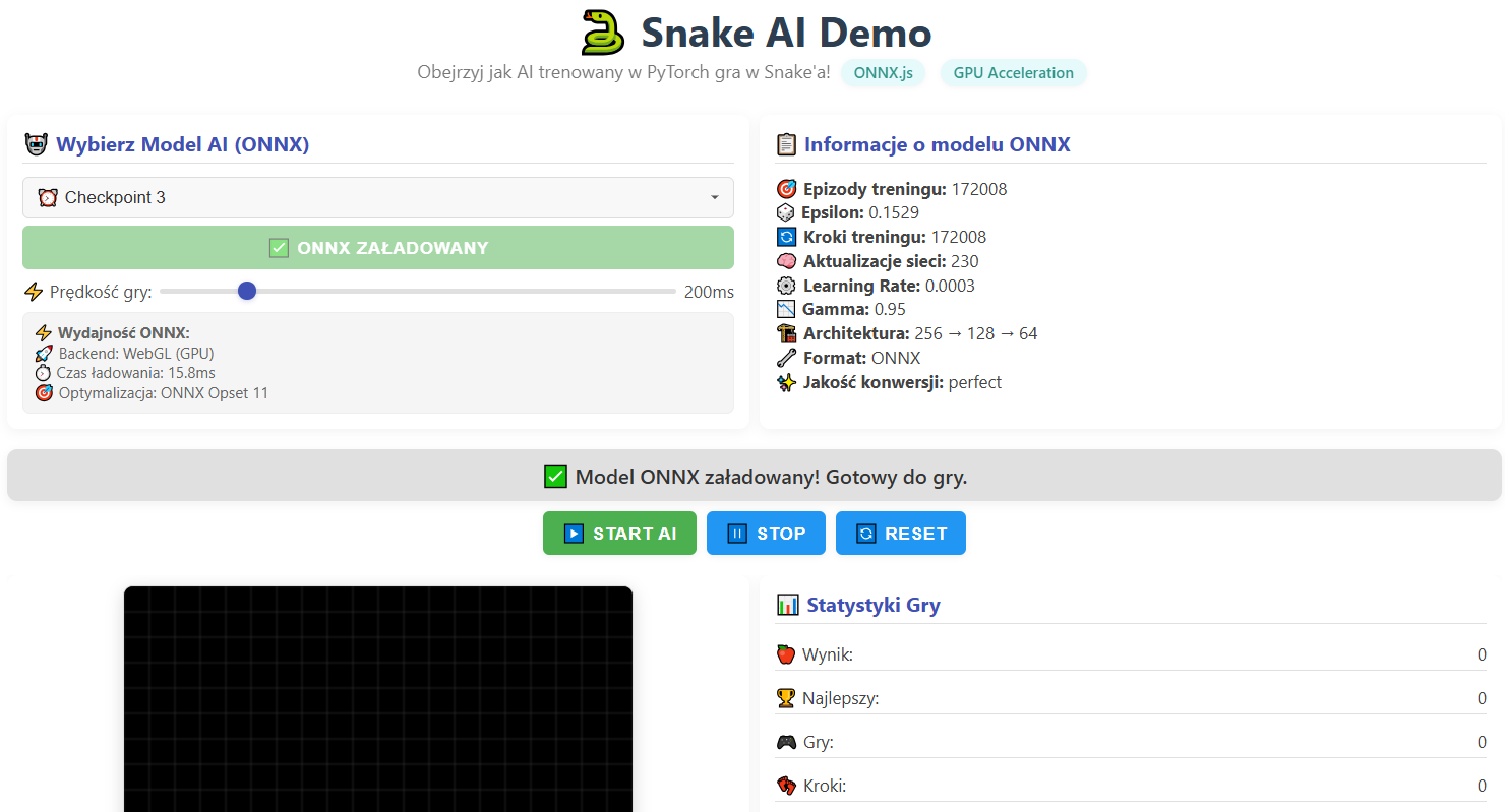 Zrzut ekranu Reinforcement Playground - gra Snake z wizualizacją decyzji AI
