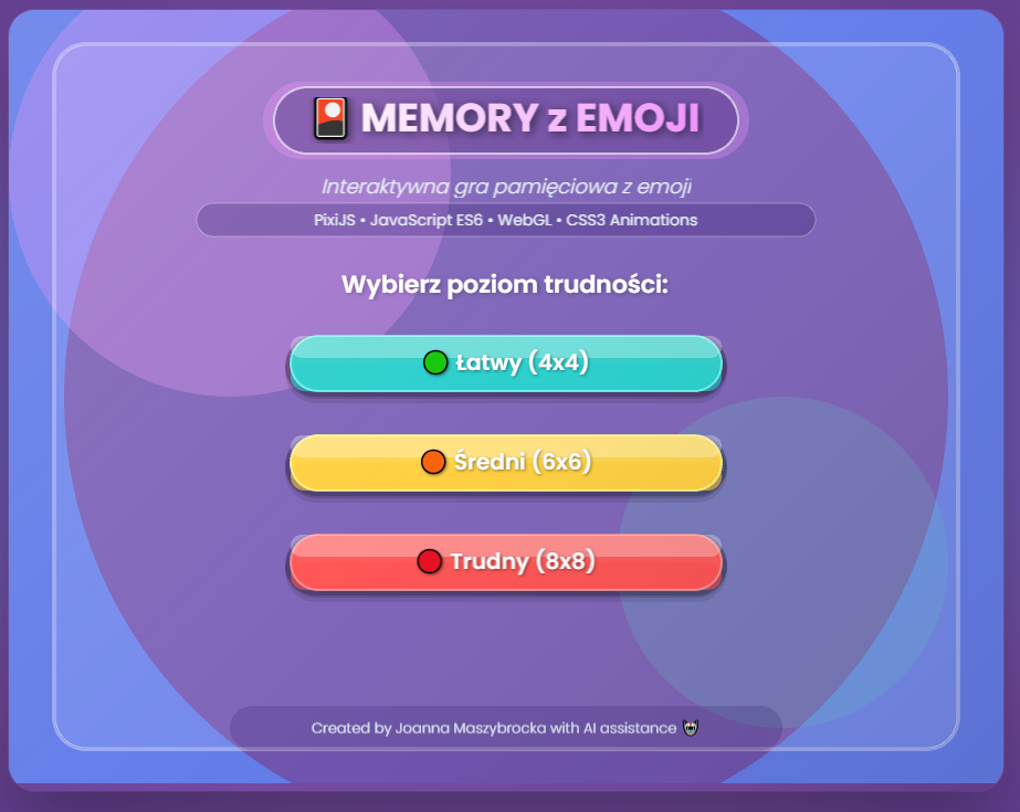 Zrzut ekranu gry Memory - kolorowe karty z emoji ułożone w siatce