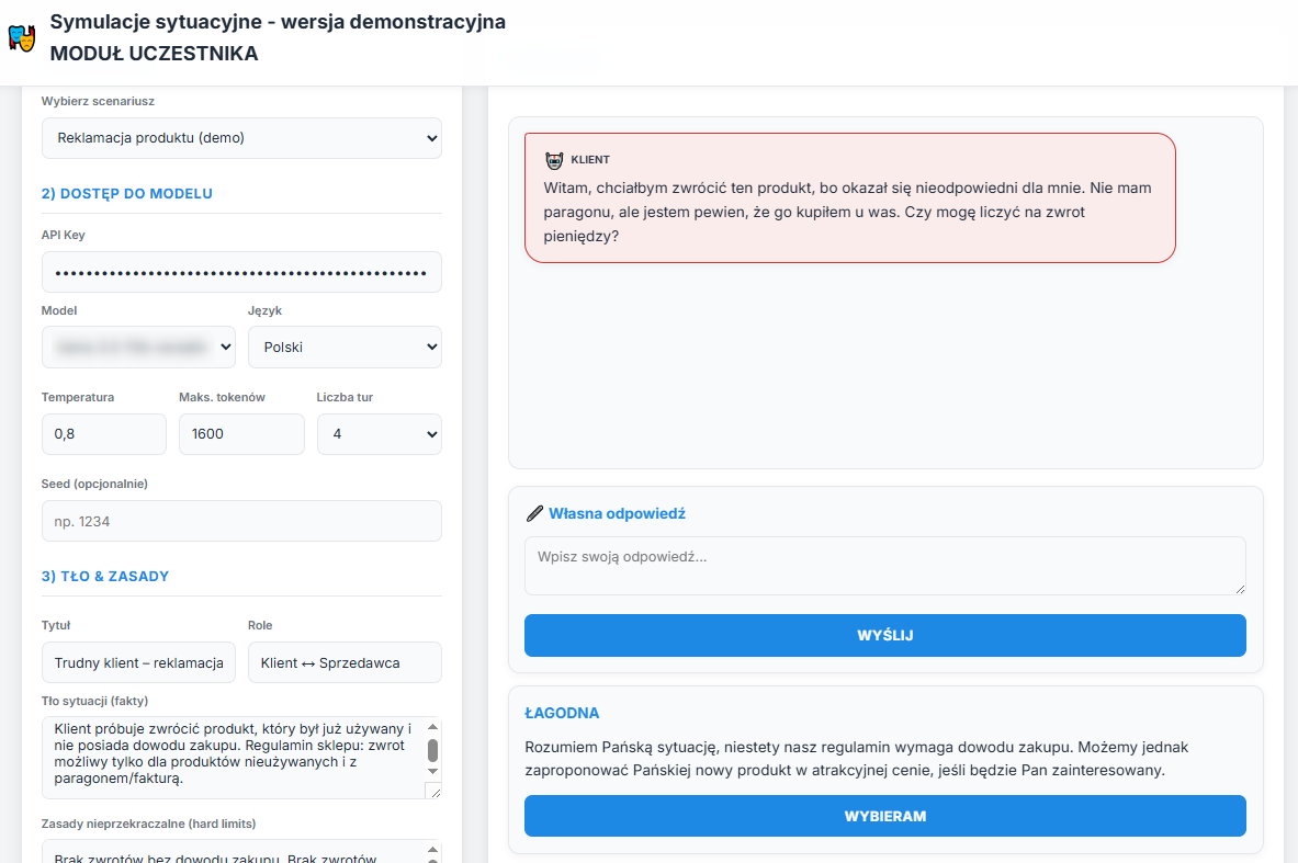 Podgląd modułu uczestnika — interfejs symulacji rozmowy