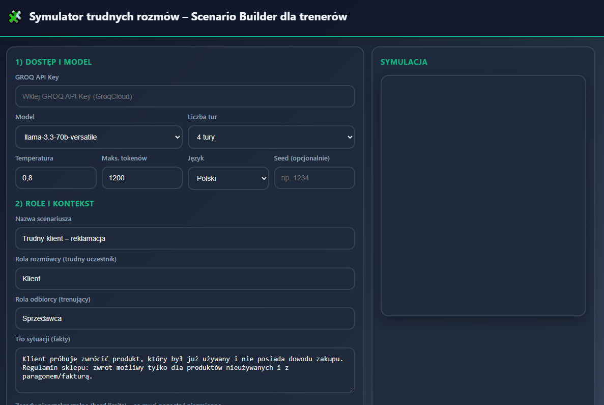 Podgląd Scenario Buildera — panel konfiguracji scenariusza