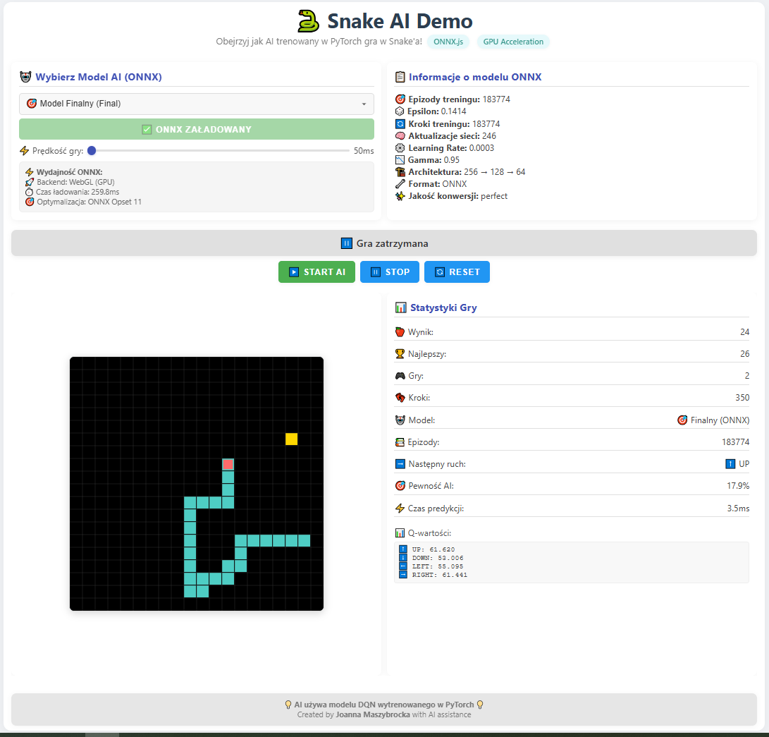 Zrzut ekranu aplikacji Snake AI