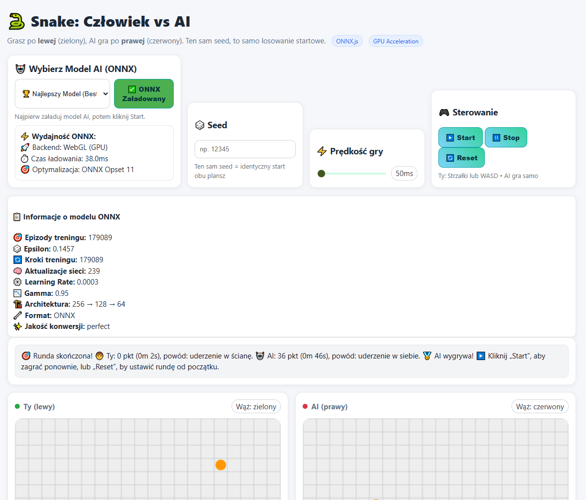 Zrzut ekranu Snake: Człowiek vs AI ze statystykami